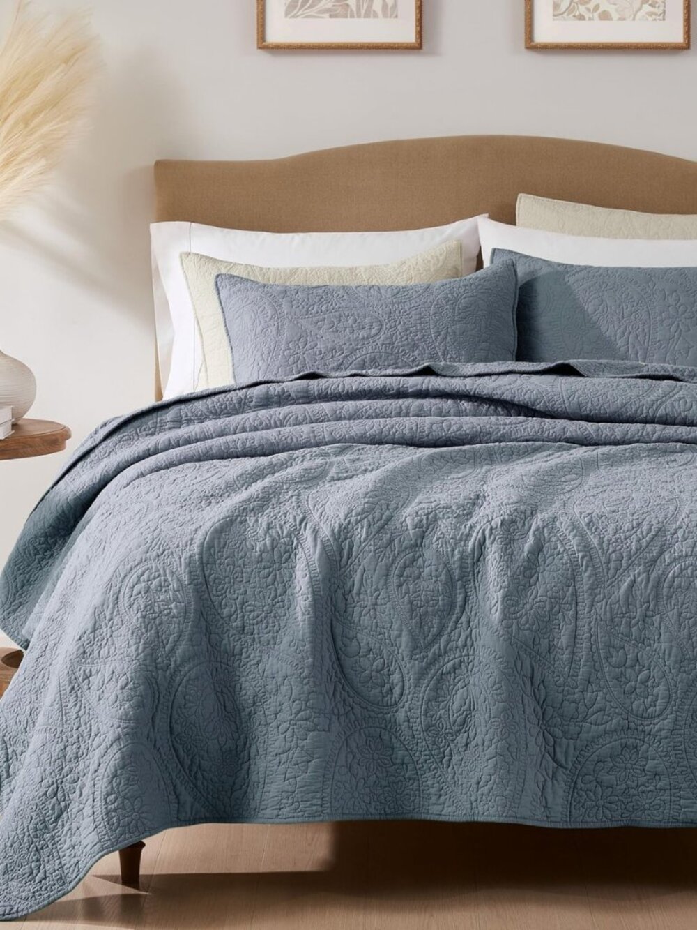 Paisley 100% Cotton Quilt Set Queen Size, Dusty Blue Coverlet